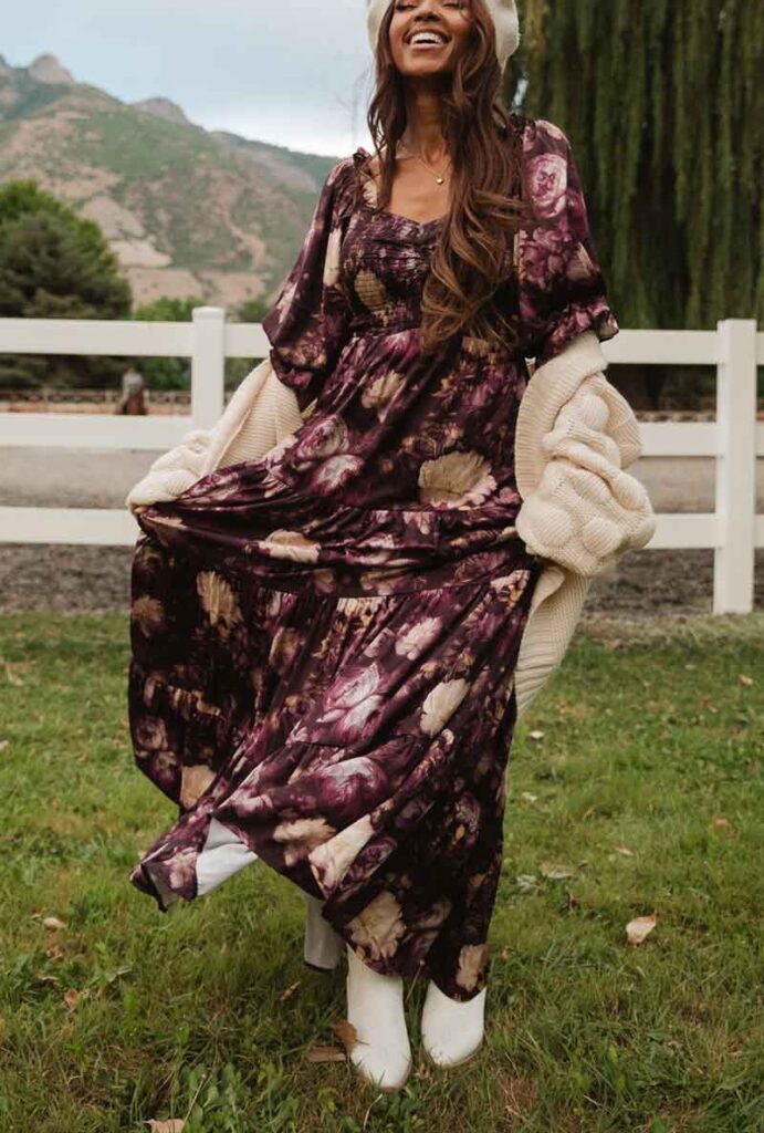 maxi dress fall outfit wth floral dress and white western boots and beret