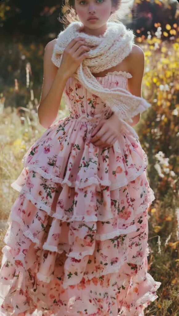 pink princess aesthetic fall floral dress. girly autumn outfit with midi corset dress