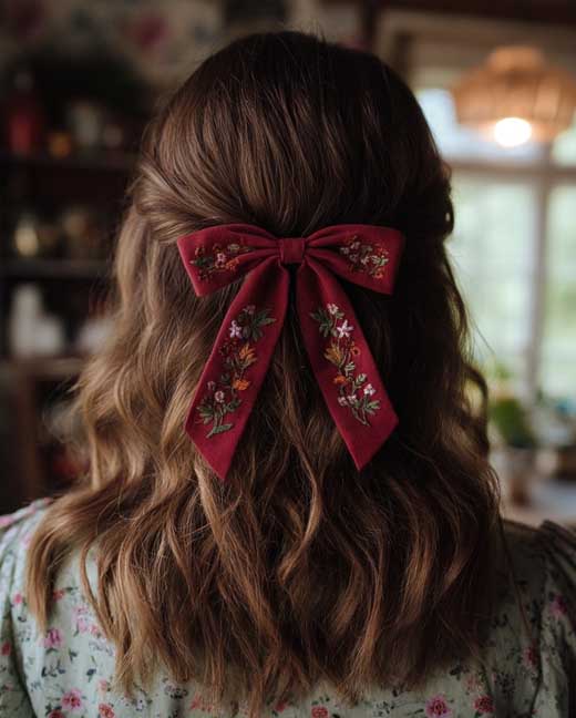 vintage countryside charm hairstyle with dark red bow, cottagecore aesthetic