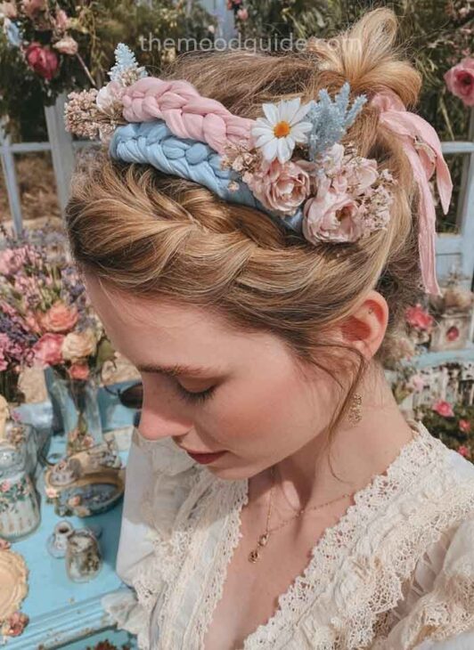 princess spring bride hairstyle with flowers in pastel cottagecore aesthetic