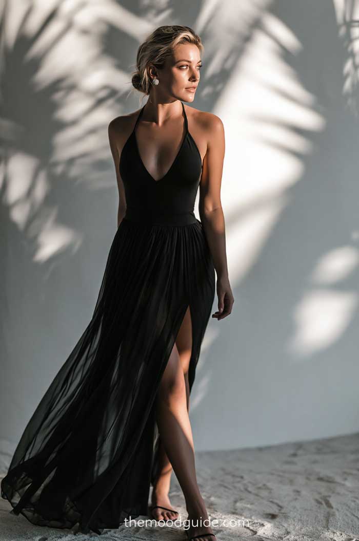 elegant cover up all black sheer maxi skirt style for resort beach club outfit summer