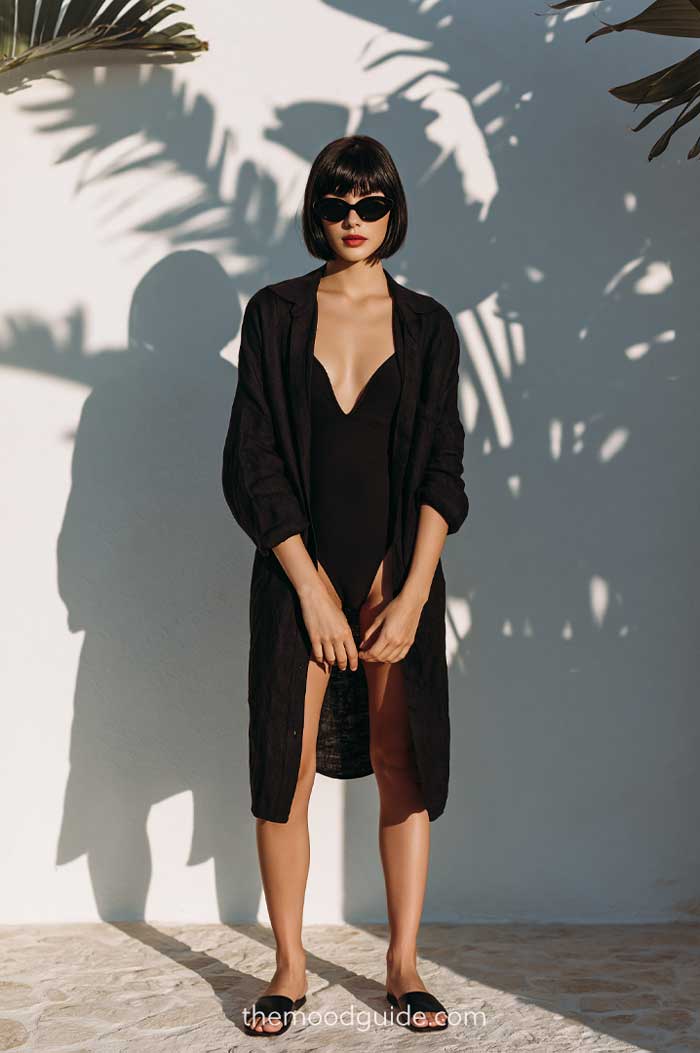 long linen black shirt summer coverup outfit with classy black one piece swimsuit