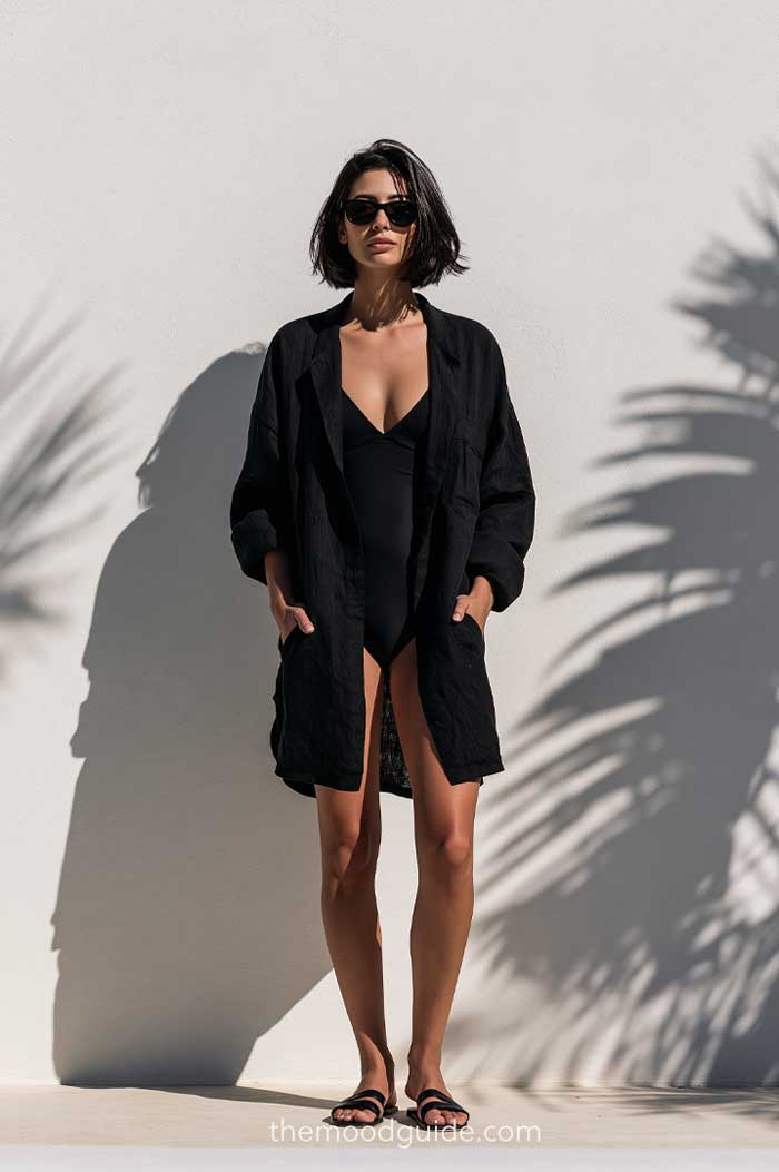 elegant one piece swimsuit black cover up vacation outfit for beach, pool, resort, luxury minimal