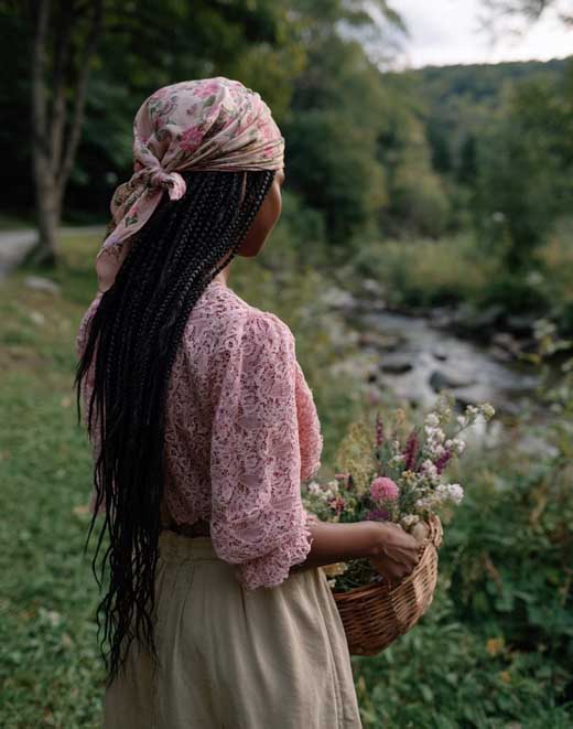 easy cottagecore hairstyle with bandana on black woman long hair