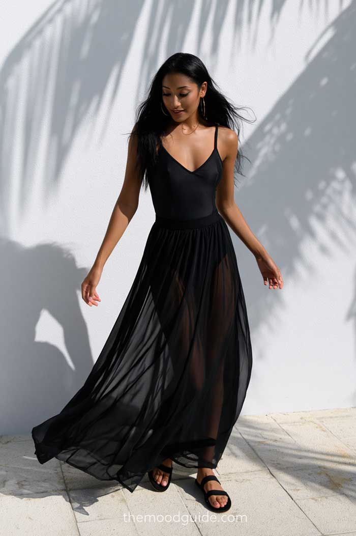 aesthetic chic maldives luxury resort summer outfit with sheer maxi skirt