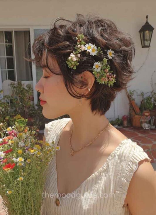 cute pixie cottagecore hair with flowers