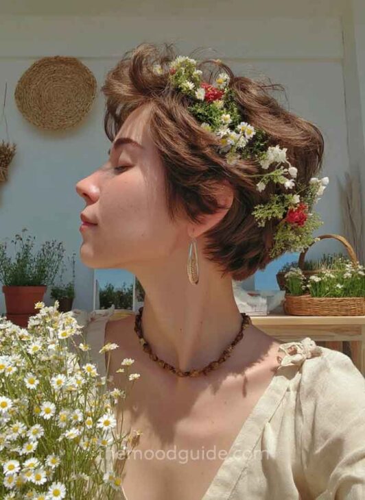 cute short pixie cut cottagecore hairstyle with flower crown