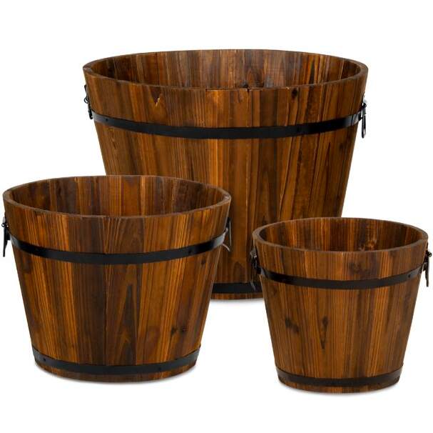 Set of 3 Rustic Wood Bucket Barrel Flower Garden Planters