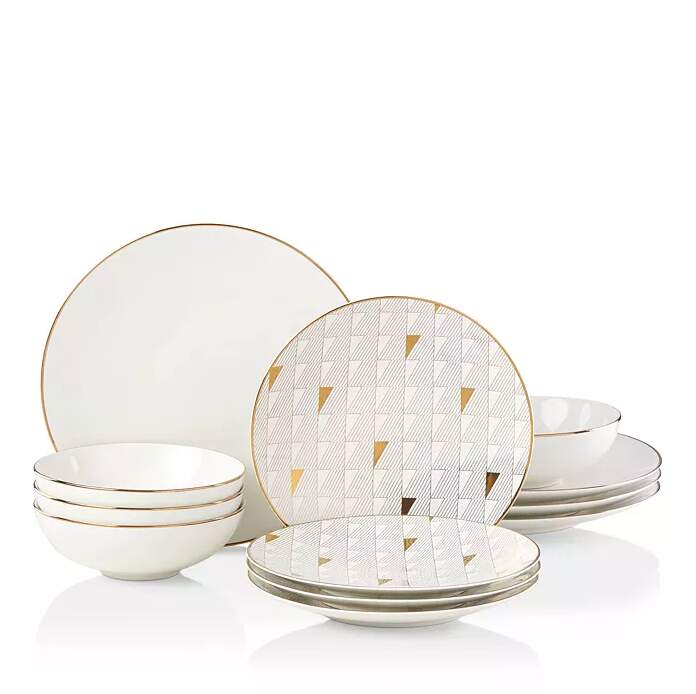 Modern White Dinnerware Set With Geometric Gold Accents, Lenox