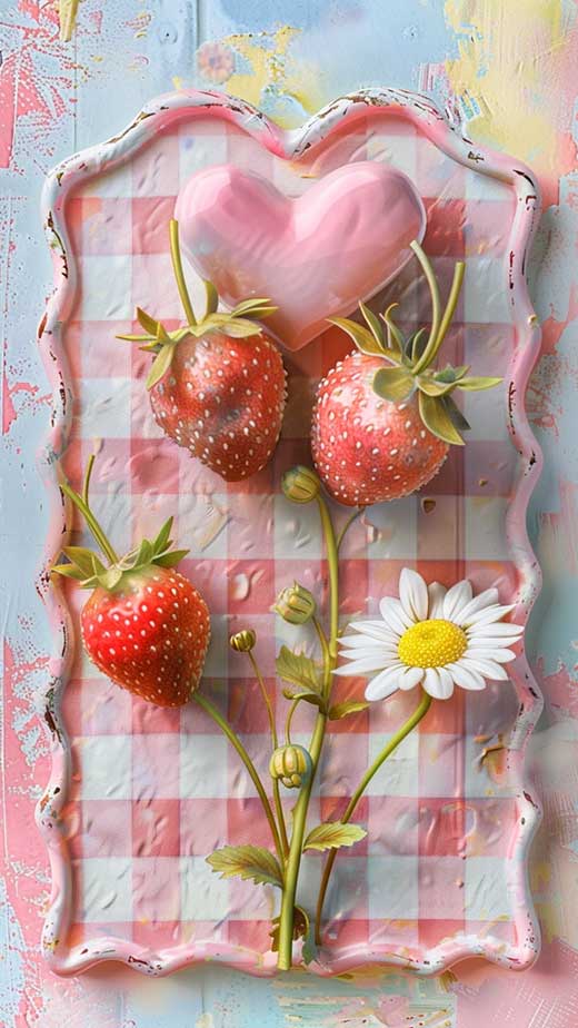 3d cute cottagecore wallpaper with daisies and strawberrus for iphone