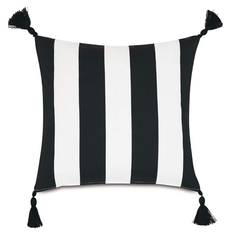 Bold Black and White Striped Outdoor Pillow With Corner tassels