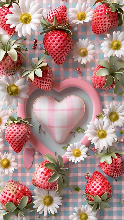 3d cute cottagecore wallpaper with daisies and strawberrus for iphone