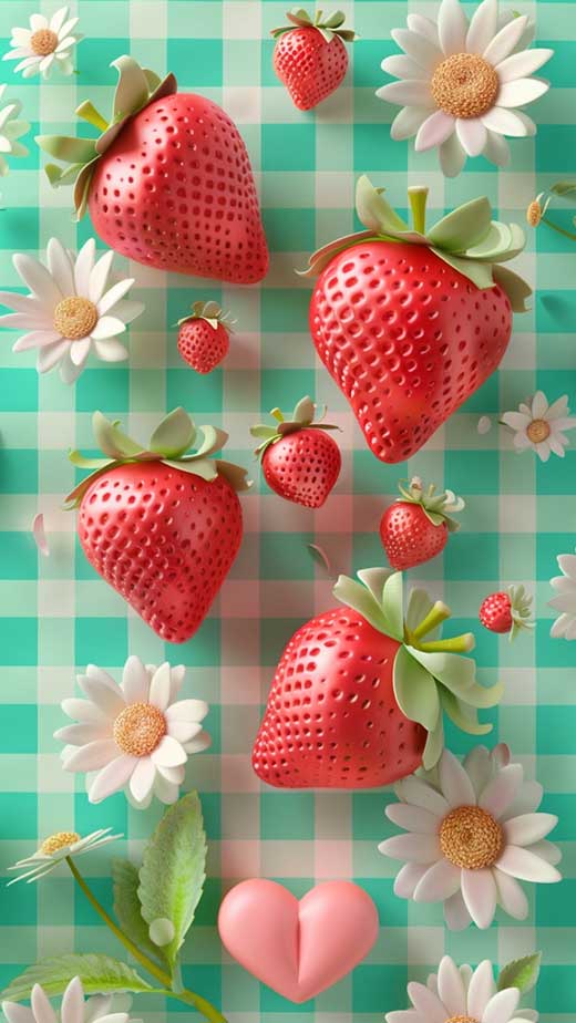 3d cottagecore wallpaper with daisies and strawberrus for iphone