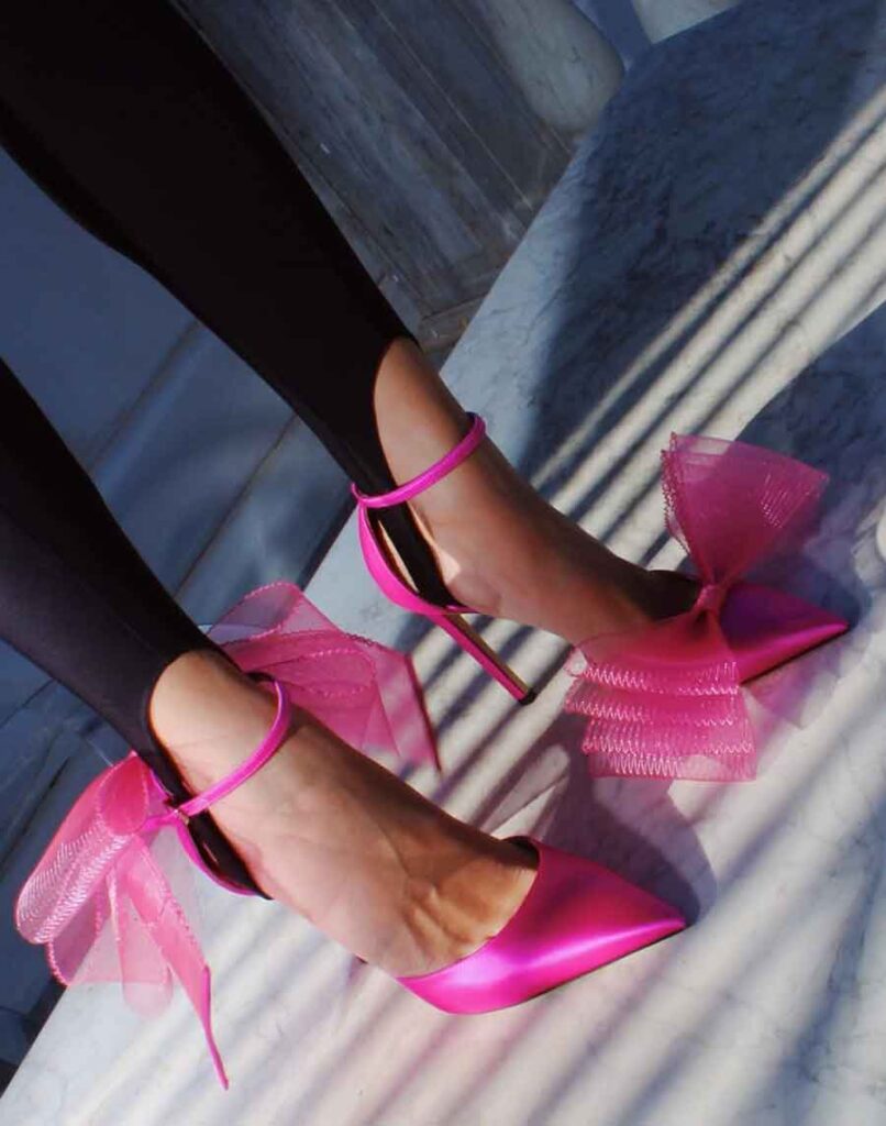 Fuchsia Pumps with Asymmetric Grosgrain Mesh Fascinator Bows, Jimmy Choo averly