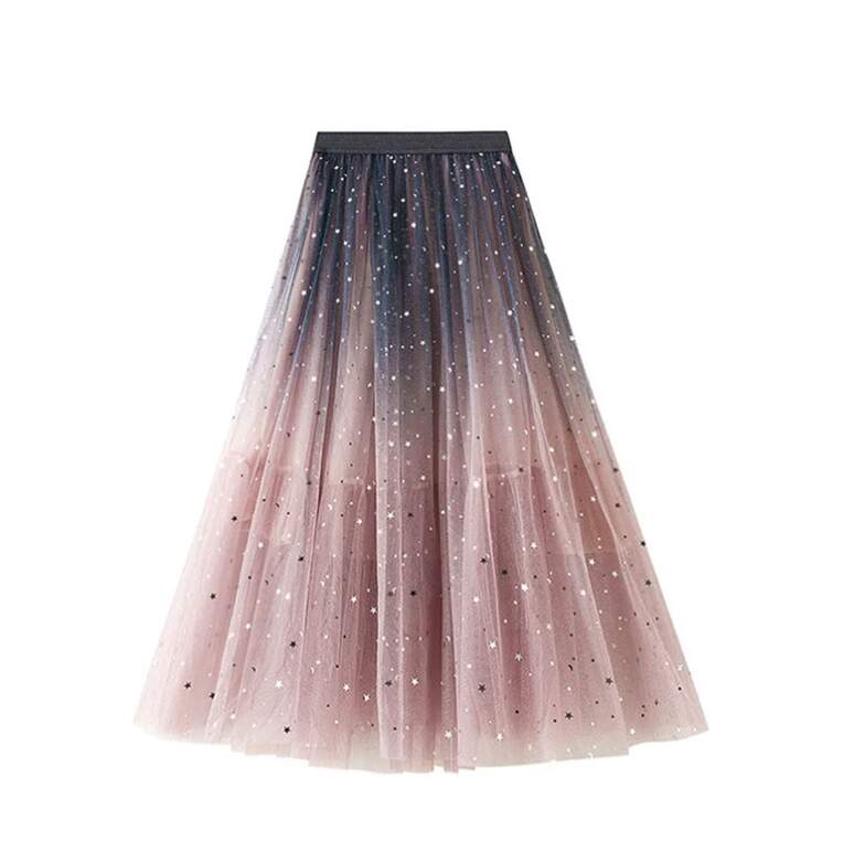 Black & Pink Midi Tulle Skirt With Embroidered Stars
