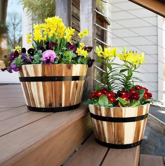 Set of 2 Wooden Barrel Planters for Outdoors