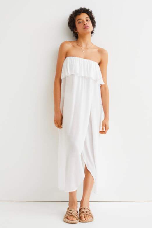 Flounce Strapless White Beach Dress