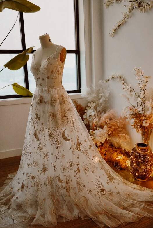 Ivory Tulle Dress With Gold Sequin Stars And Moon
