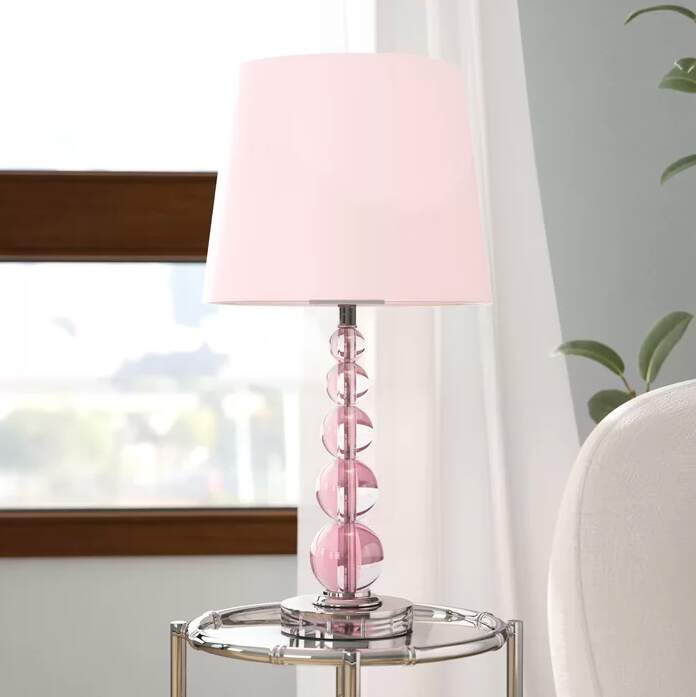 Table Lamp With Stacked Crystal Ball Base And Light Pink Fabric Shade 