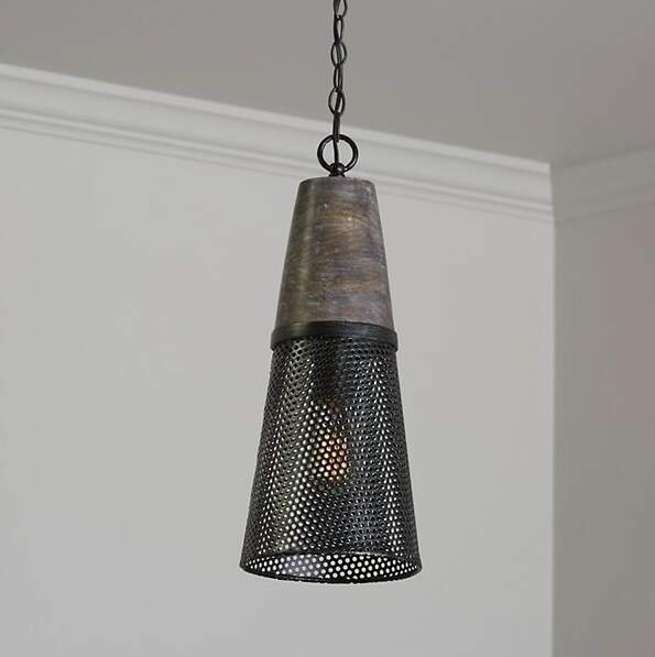 Wood and Perforated Metal Cone Mini Industrial Pendant