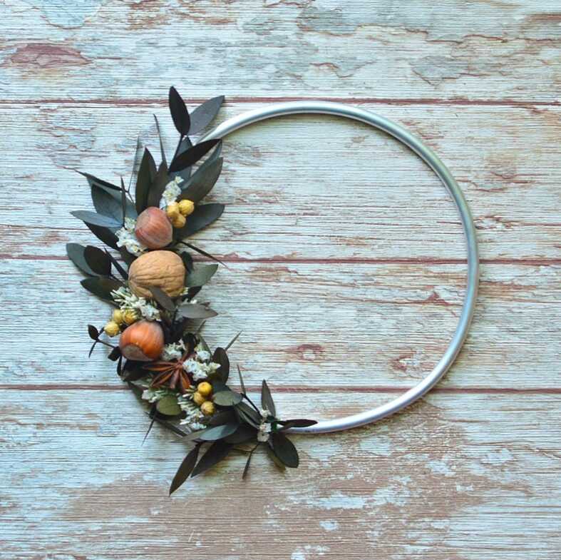 Small Modern Fall Wreath With Metal Hoop, Dried Eucalyptus & Nuts 7"