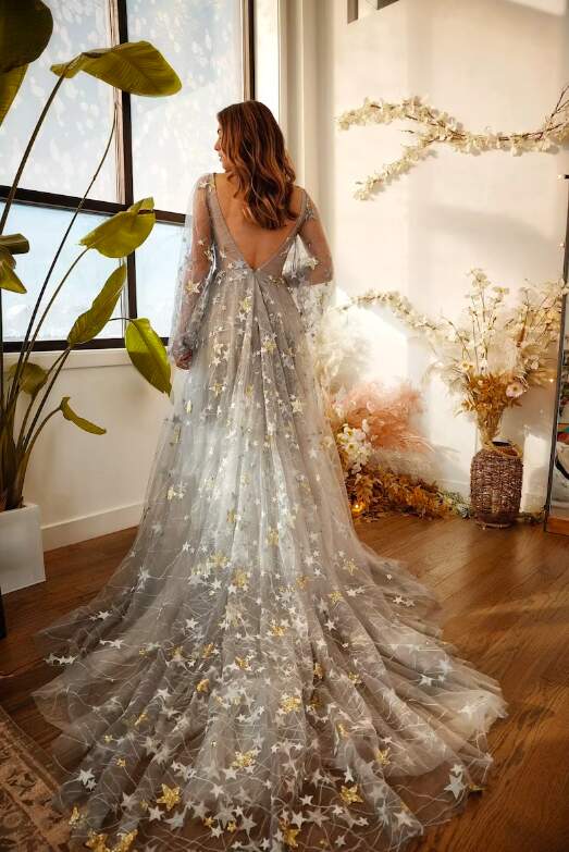 Grey Tulle Wedding Dress With Gold Sequin Stars