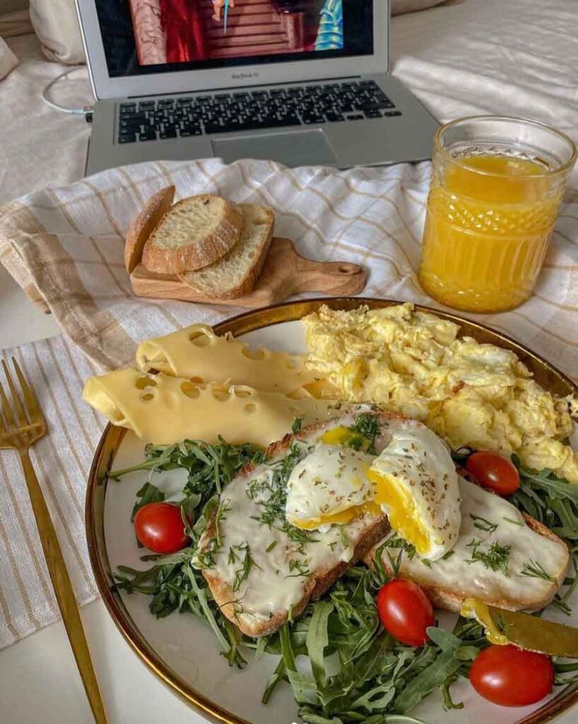 complete healthy aesthetic breakfast with eggs