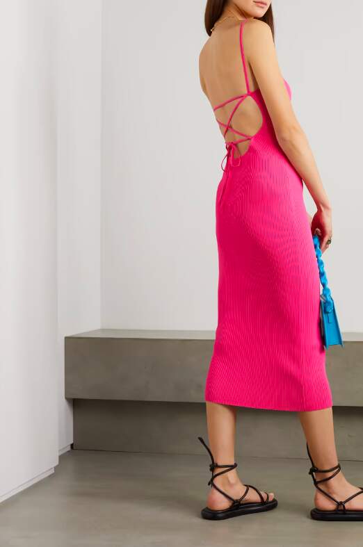 Ribbed-Knit Hot Pink Midi Dress