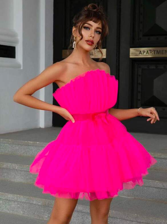 Hot Pink Short Layered Tulle Dress For Quinceanera