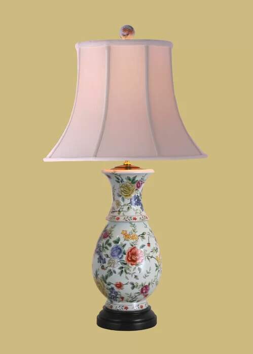 Table Lamp With Floral Porcelain Base And Light Pink Fabric Shade 