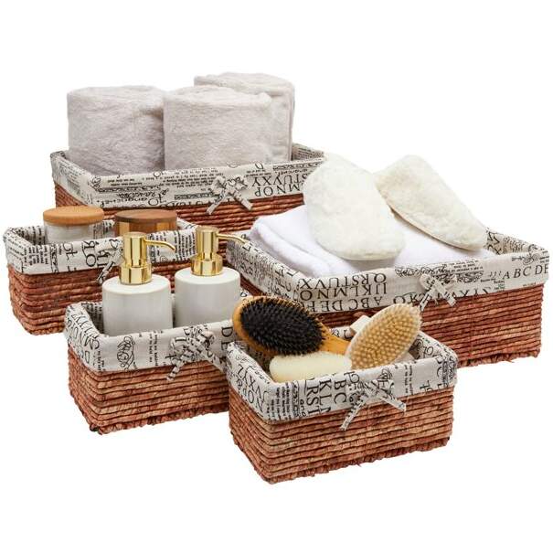 5 Piece Brown Nesting Wicker Baskets with Liner for Storage
