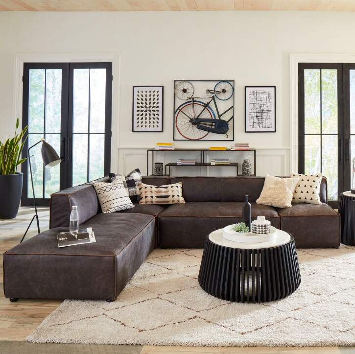 Industrial Black Distressed Leather Modular Sectional Sofa, Zin Home