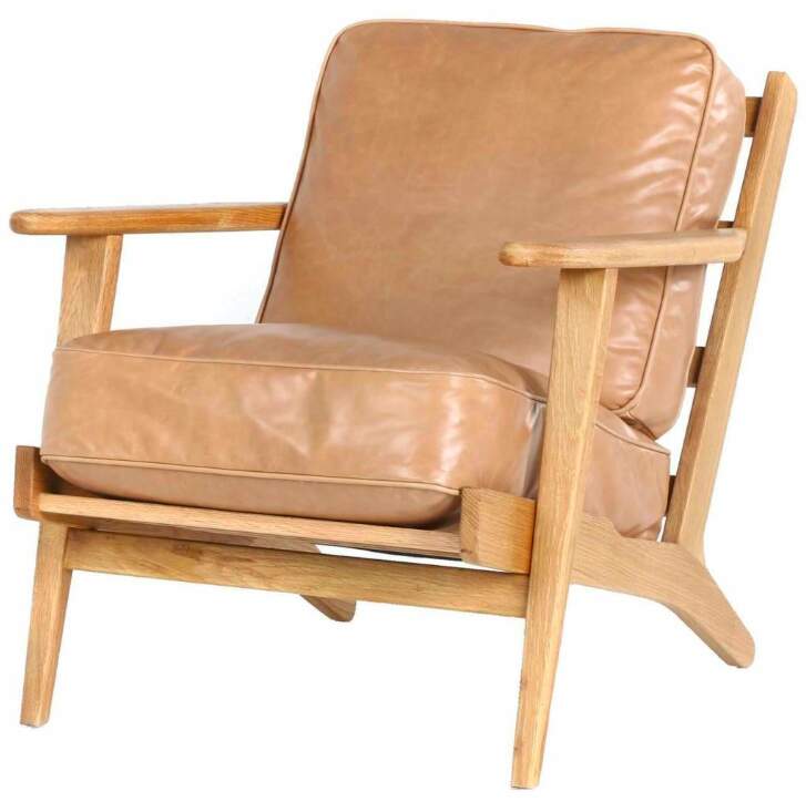 Mid-Century Modern Brooks Tan Leather Lounge Armchair