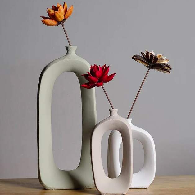 Set of 3 Elegant White Grey Hollow Minimalist and Modern Ceramic Vases 