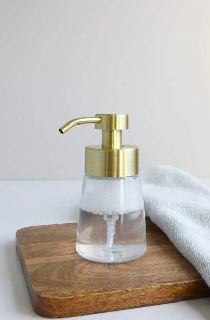 Small Glass Foaming Soap Dispenser With Gold Pumper 