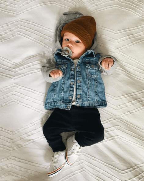 hipster baby with beanie, denim jacket, black joggers, white converse