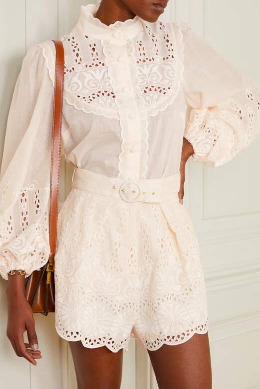belted embroidered broderie Anglaise organic linen shorts