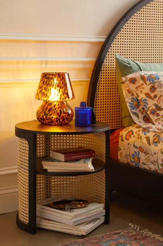 Round Black Nightstand With handwoven Faux Rattan