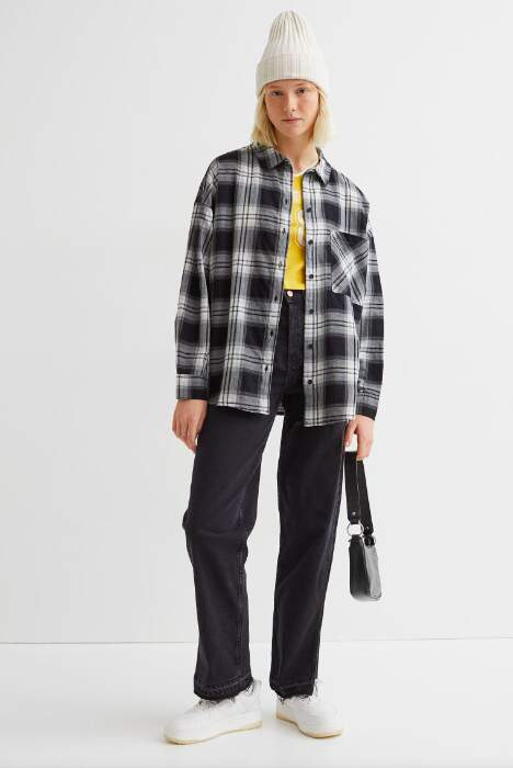 Black and White Oversized Plaid Cotton Shirt For Women