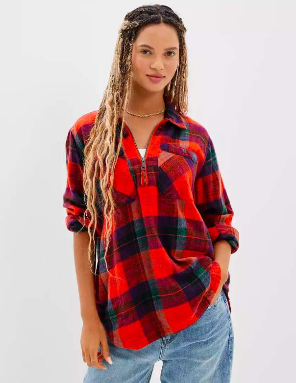 Oversized Quarter Zip Flannel Plaid Shirt For Women