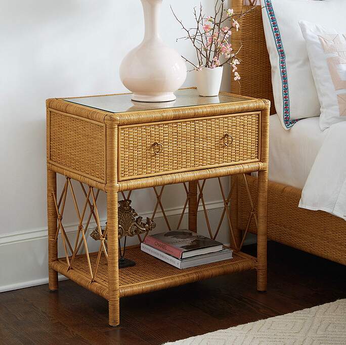 Rattan Nightstand With Drawer And Glass top