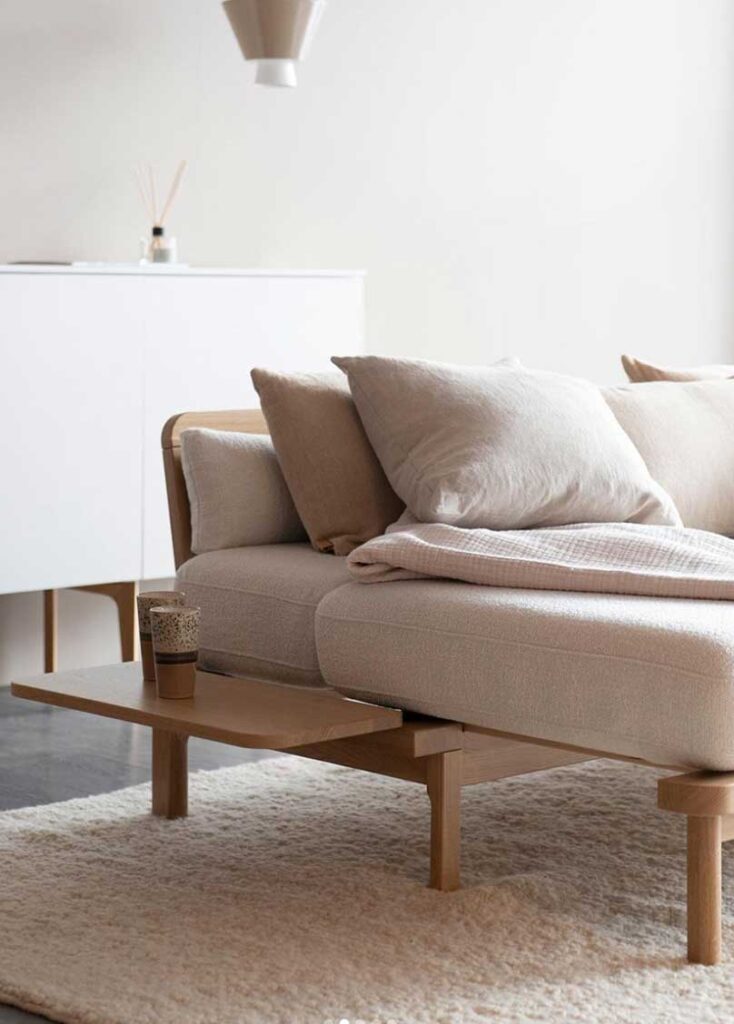 modern minimalist Hetki sofa bed, oak base