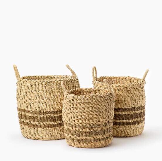 Seagrass and Palm Leaf Woven Set of 3 Round Storage Baskets