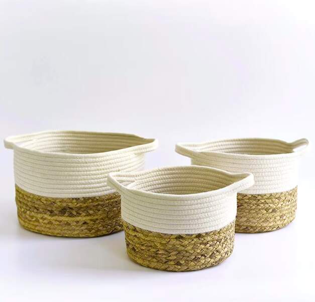 Handmade White Cotton and Woven Seagrass Round Storage Basket