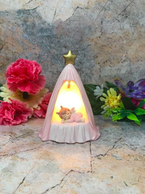 Adorable Peaceful Angel Baby Girl Sleeping Sculpture Angels Collection Figurine Fantasy LED Light Pink Design