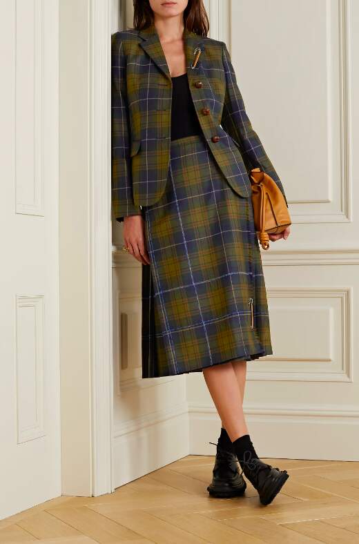 leather-trimmed fringed pleated checked wool skirt, Lafayette 148