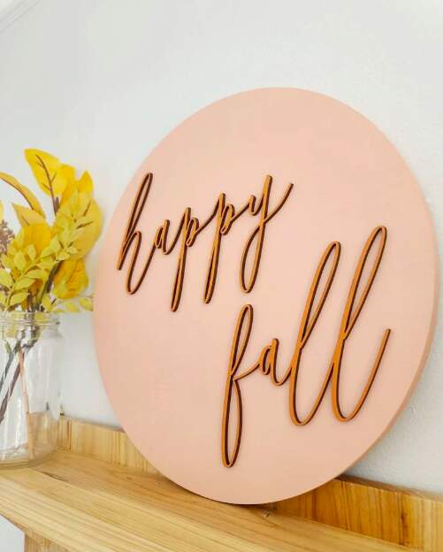 Happy Fall 3D Round Blush Wood Sign - 12"