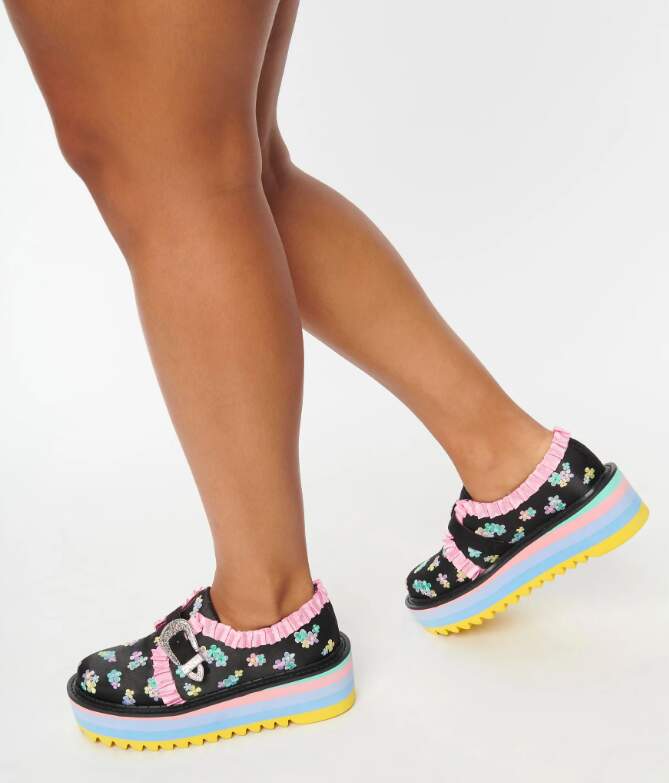 Black & Rainbow Floral Platform Loafers,