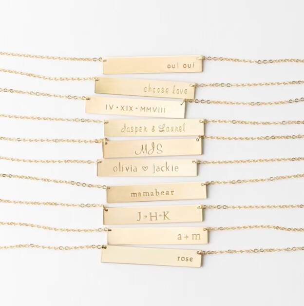 Personalized Gold Bar Necklace - Custom Name, Dates, Roman Numerals, Coordinates
