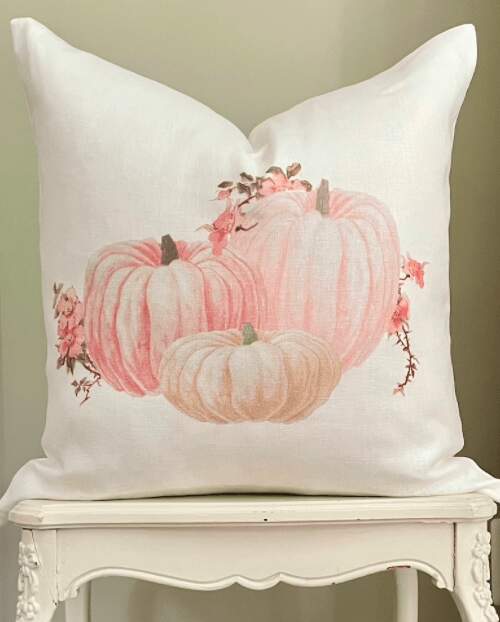 Cottagecore Linen Pillow Cover With Pink Pumpkin Patch & Flowers